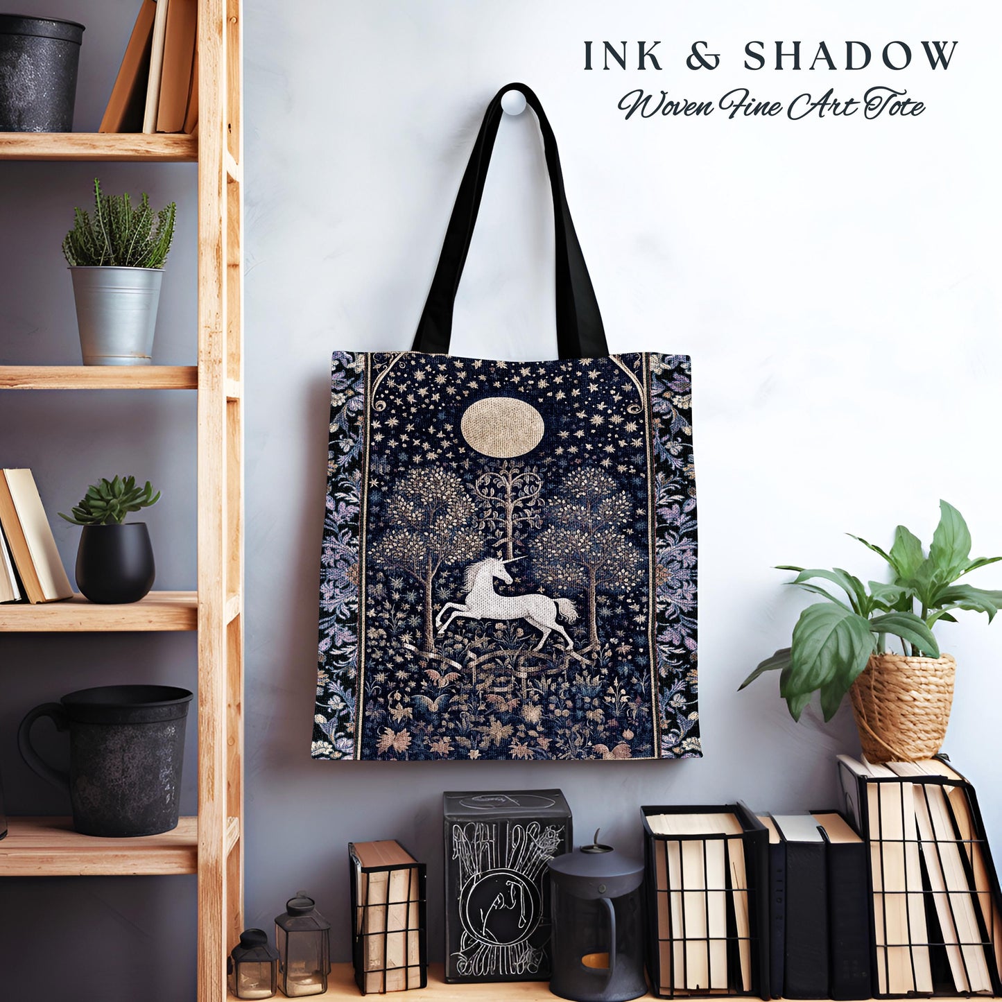 Medieval Fairytale Unicorn Tote | Gothic Whimsical Eclectic Fairycore Woven Tote Bag Victorian Gothic Dark Floral Decor French Baroque Art |