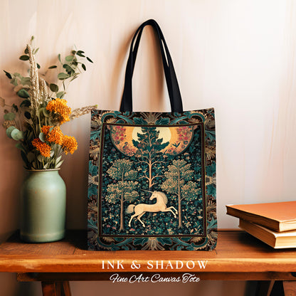 Moonlit Forest Mystical Unicorn Tapestry Bag Medieval Fairycore Decor | Renaissance Whimsical Gothic Aesthetic Woven Shoulder Bag Forestcore