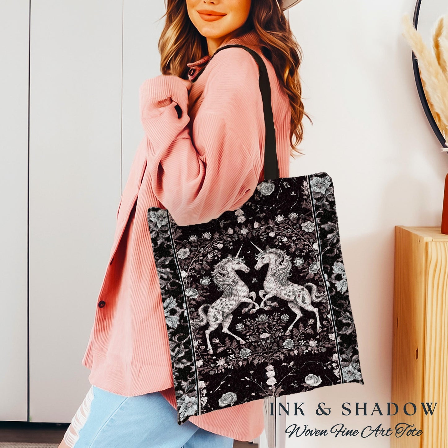 Dark Fairytale Unicorn Bag | Whimsical Fairycore Woven Tapestry Tote Victorian Gothic Floral Tapestry Tote Baroque Romantic Mystic Tote |