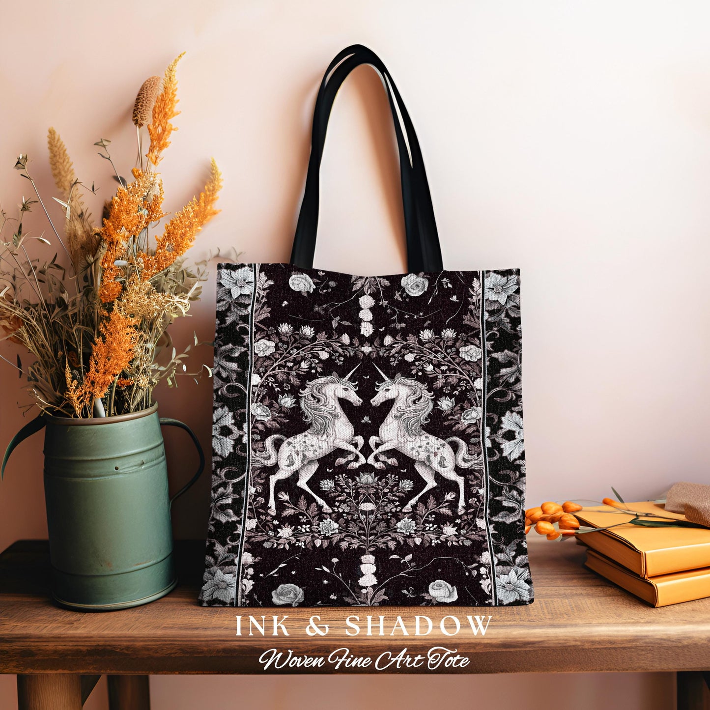 Dark Fairytale Unicorn Bag | Whimsical Fairycore Woven Tapestry Tote Victorian Gothic Floral Tapestry Tote Baroque Romantic Mystic Tote |