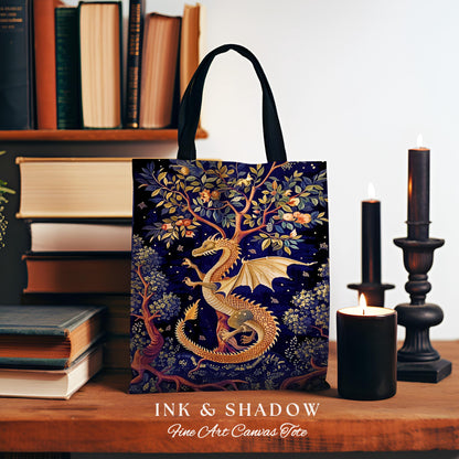 Enchanted Dragon Magical Tote Bag | Bohemian Cottagecore Mystic Tapestry Tote Whimsical Celestial Dark Academia Art Fantasy Eclectic Purple