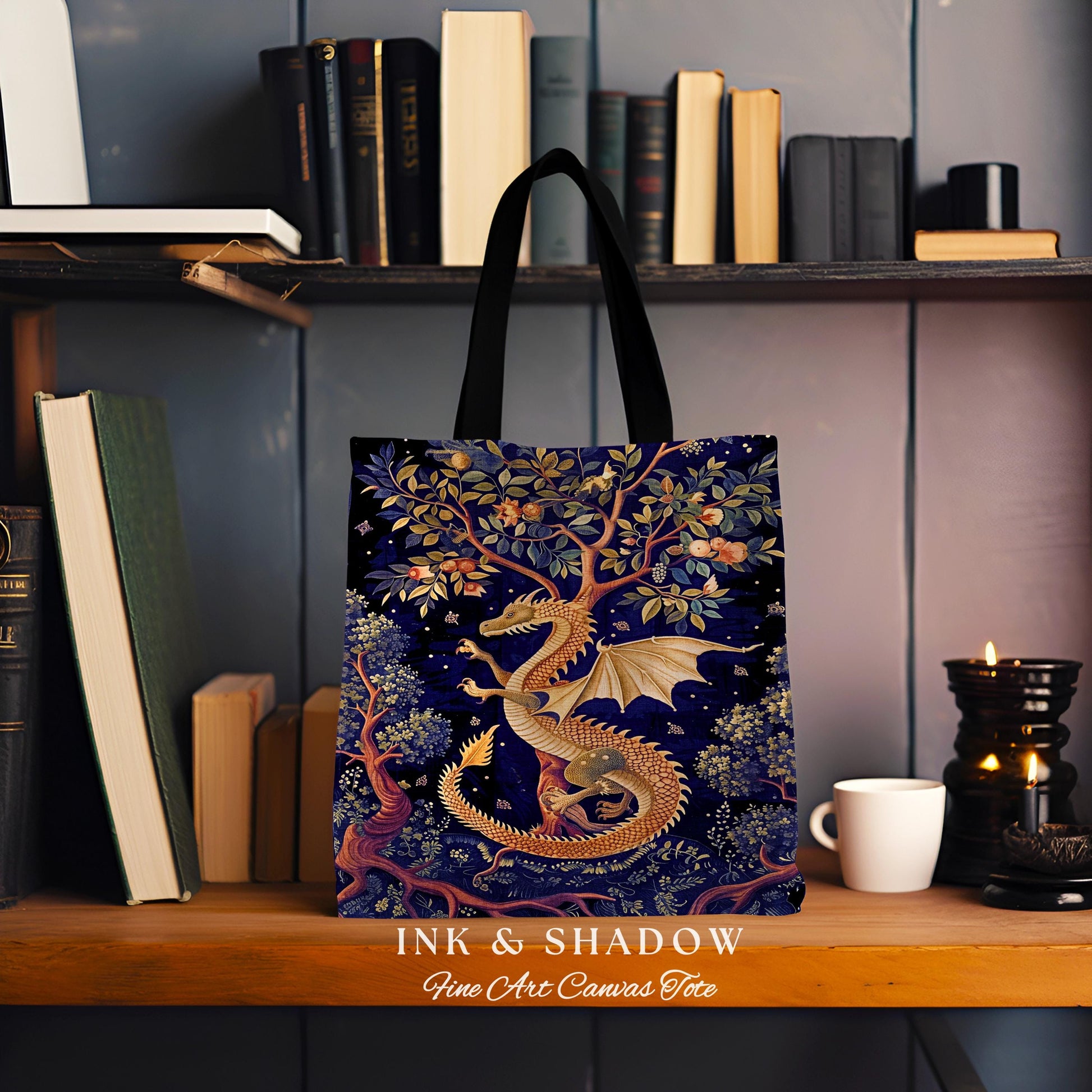 Enchanted Dragon Magical Tote Bag | Bohemian Cottagecore Mystic Tapestry Tote Whimsical Celestial Dark Academia Art Fantasy Eclectic Purple