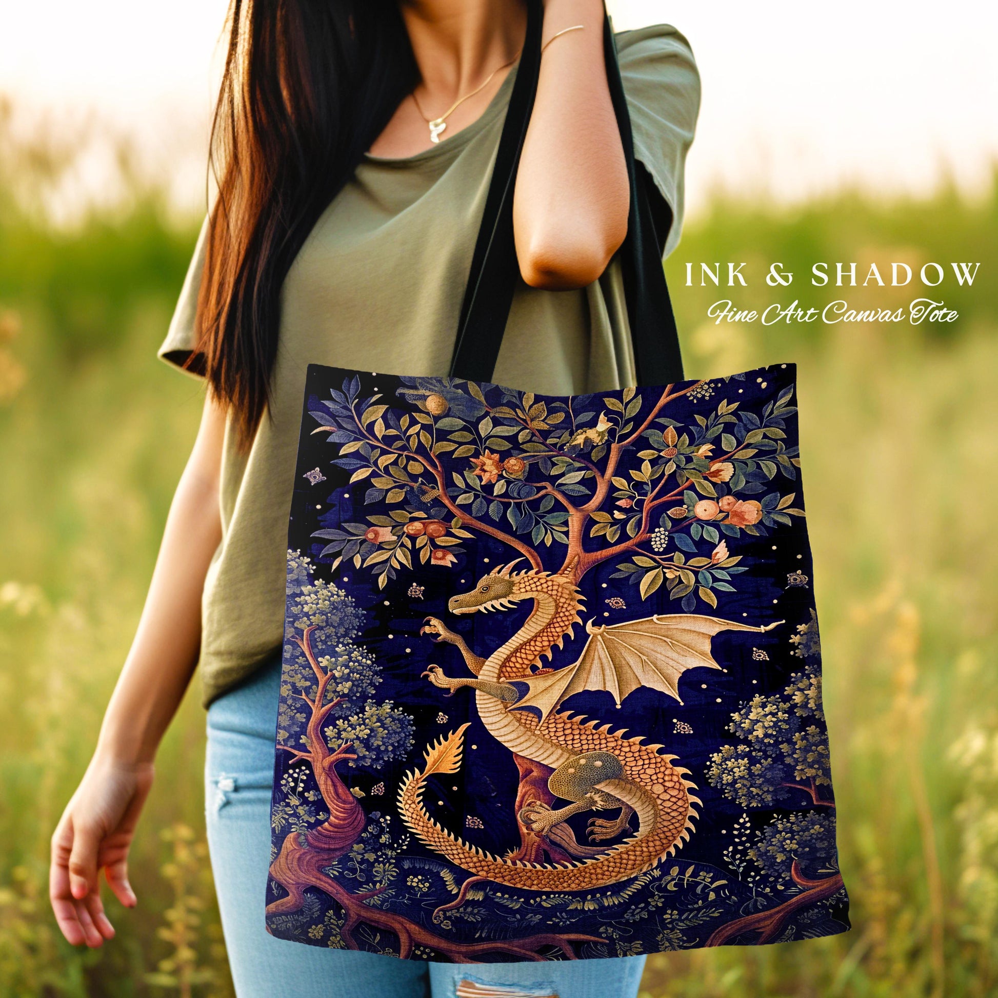 Enchanted Dragon Magical Tote Bag | Bohemian Cottagecore Mystic Tapestry Tote Whimsical Celestial Dark Academia Art Fantasy Eclectic Purple