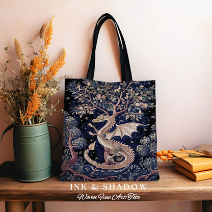 Enchanted Dragon Magical Tote Bag | Bohemian Cottagecore Mystic Tapestry Tote Whimsical Celestial Dark Academia Art Fantasy Eclectic Purple