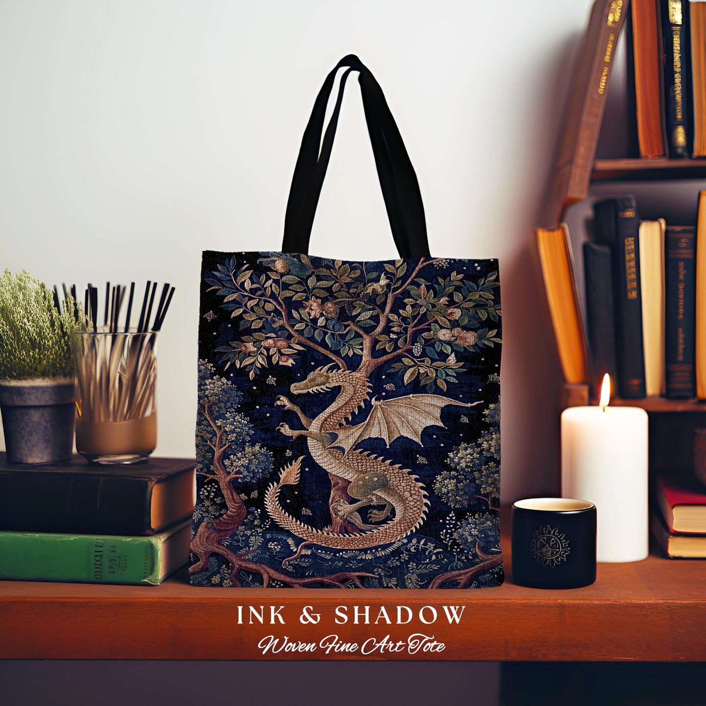 Enchanted Dragon Magical Tote Bag | Bohemian Cottagecore Mystic Tapestry Tote Whimsical Celestial Dark Academia Art Fantasy Eclectic Purple