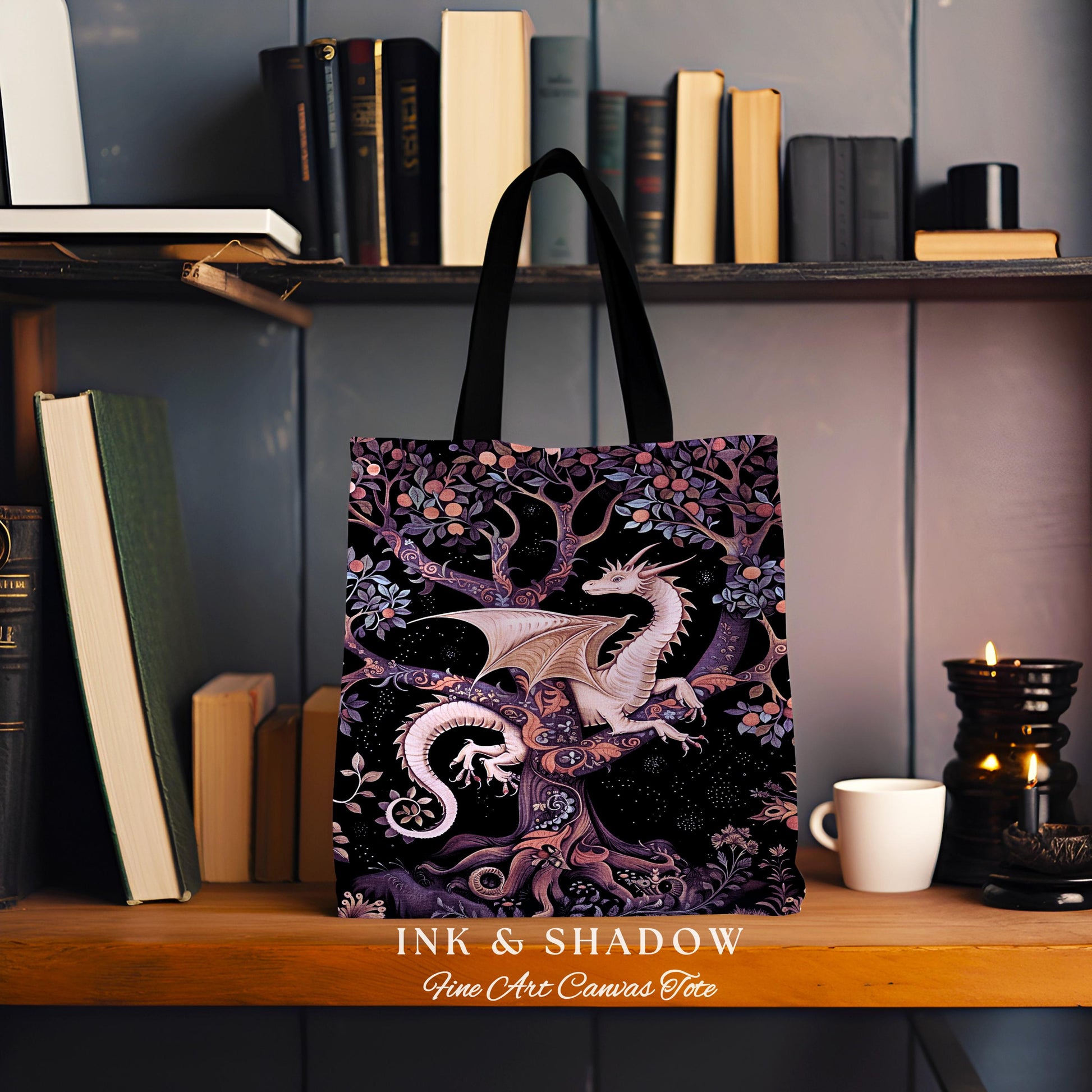 Bohemian Mystic Dragon Tapestry Tote Whimsical Celestial Night Dark Nature Art | Boho Fantasy Eclectic Dark Purple Mystic Forestcore Bag |