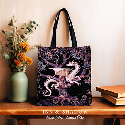 Bohemian Mystic Dragon Tapestry Tote Whimsical Celestial Night Dark Nature Art | Boho Fantasy Eclectic Dark Purple Mystic Forestcore Bag |