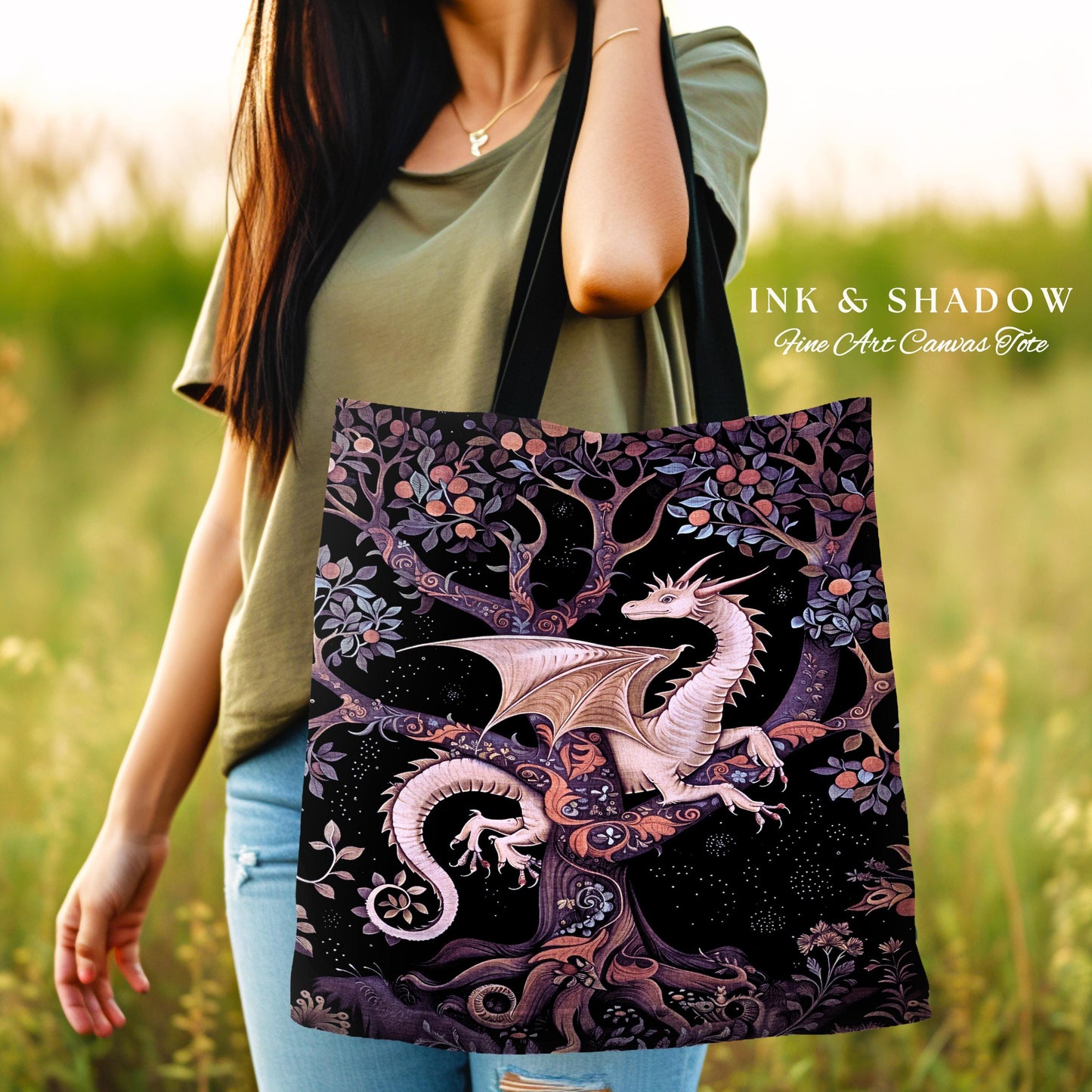 Bohemian Mystic Dragon Tapestry Tote Whimsical Celestial Night Dark Nature Art | Boho Fantasy Eclectic Dark Purple Mystic Forestcore Bag |
