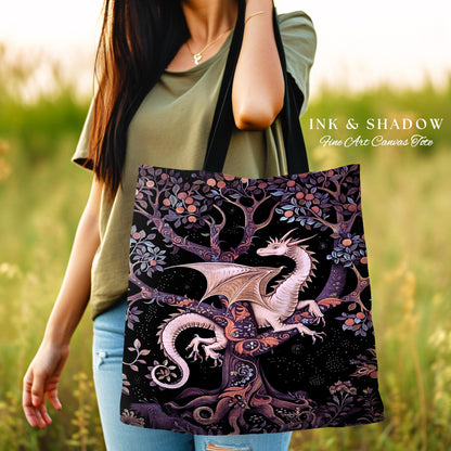 Bohemian Mystic Dragon Tapestry Tote Whimsical Celestial Night Dark Nature Art | Boho Fantasy Eclectic Dark Purple Mystic Forestcore Bag |