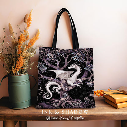 Bohemian Mystic Dragon Tapestry Tote Whimsical Celestial Night Dark Nature Art | Boho Fantasy Eclectic Dark Purple Mystic Forestcore Bag |