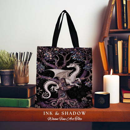 Bohemian Mystic Dragon Tapestry Tote Whimsical Celestial Night Dark Nature Art | Boho Fantasy Eclectic Dark Purple Mystic Forestcore Bag |