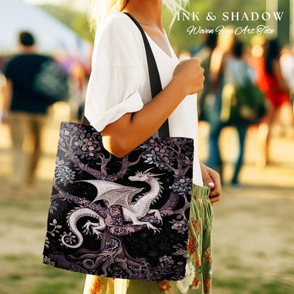 Bohemian Mystic Dragon Tapestry Tote Whimsical Celestial Night Dark Nature Art | Boho Fantasy Eclectic Dark Purple Mystic Forestcore Bag |