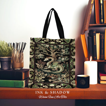 Mystical Fantasy Dragon Tapestry Tote Enchanting Dark Nature | Ancient Aesthetic Chinese Dragon Art Ethereal Woodland Gothic Forestcore Bag