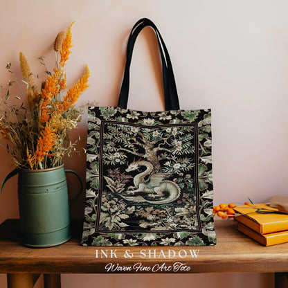 Mystical Fantasy Dragon Tapestry Tote Enchanting Dark Nature | Ancient Aesthetic Chinese Dragon Art Ethereal Woodland Gothic Forestcore Bag