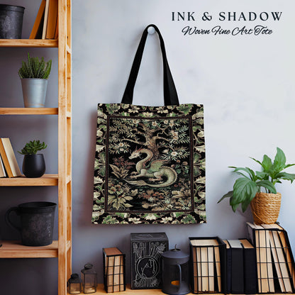 Mystical Fantasy Dragon Tapestry Tote Enchanting Dark Nature | Ancient Aesthetic Chinese Dragon Art Ethereal Woodland Gothic Forestcore Bag