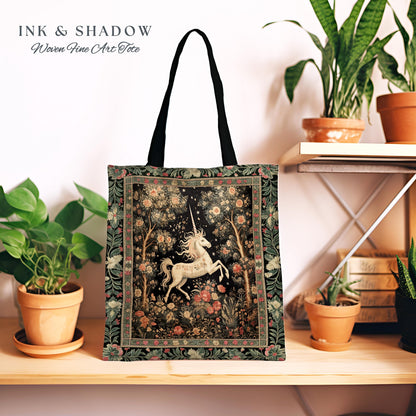 Mystical Folklore Unicorn Tapestry Tote Bag Whimsical Morris Inspired Medieval Cottagecore,Nfloral Woodland Fairycore Magical Art Accessory