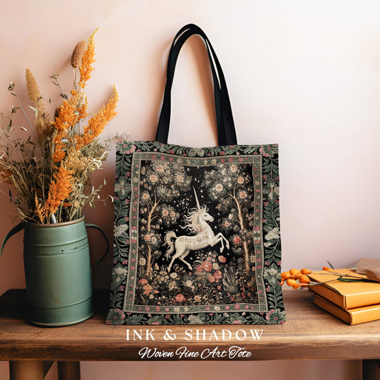 Mystical Folklore Unicorn Tapestry Tote Bag Whimsical Morris Inspired Medieval Cottagecore,Nfloral Woodland Fairycore Magical Art Accessory