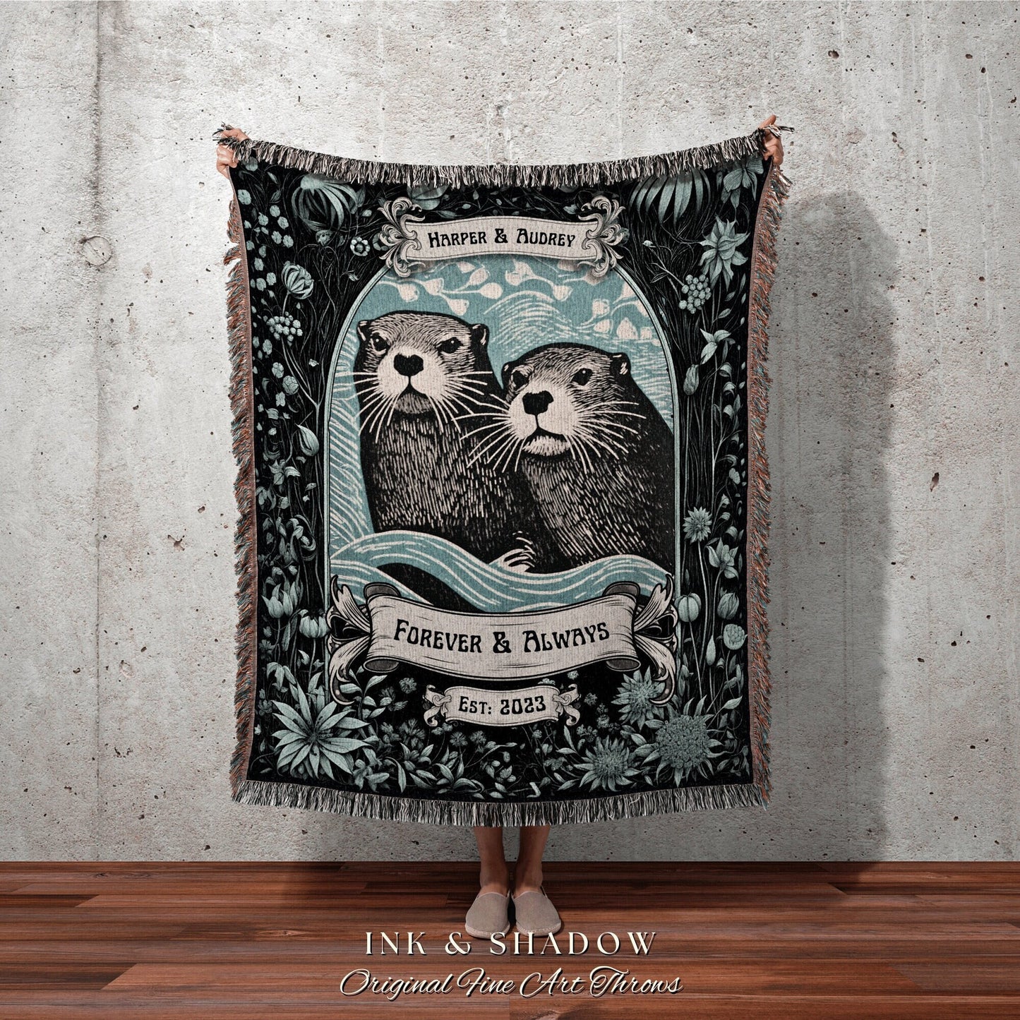 Otterly in Love Couples Blanket Woven | Name Tapestry Personalized Anniversary Gift Cotton Anniversary Blanket 'You're my Otter Half' Throw