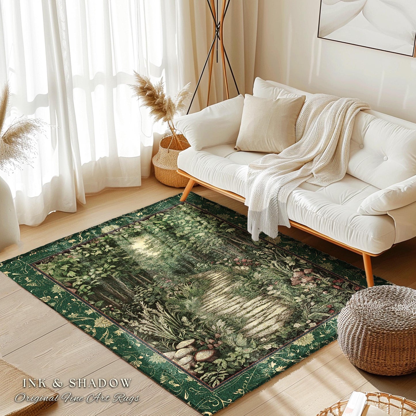 Ethereal Woodland Meadow Rug | Dark Academia Folklore Fairy Core Aesthetic Accent Rug Magical Bedroom Emerald Green Home Decor Botanical |