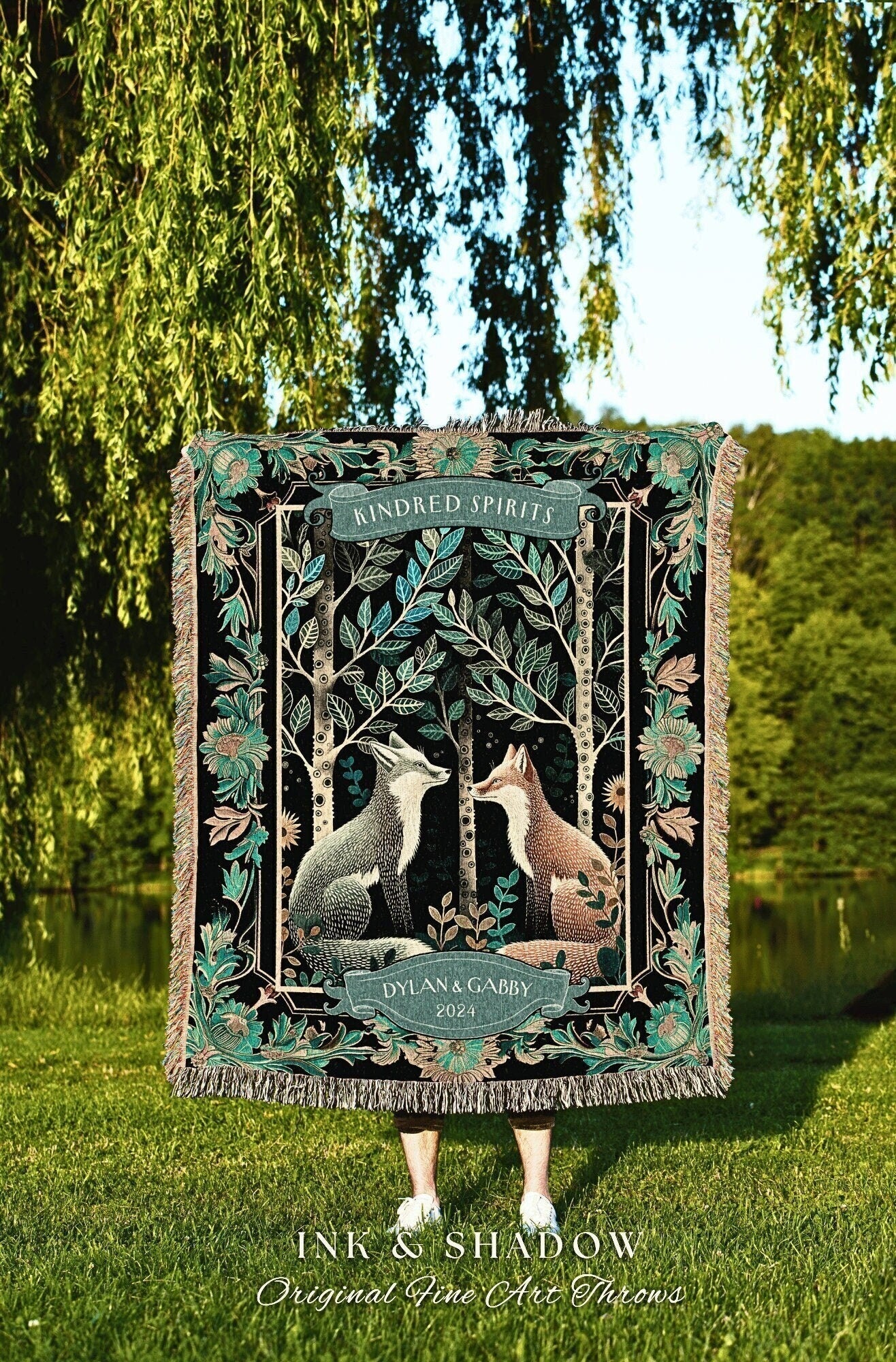 Teal Woodland Fox Couple Tapestry Custom | Folklore Wedding Gothic Fox Lover Gift Cute Anniversary Blanket Personalized Dating Gift for Her