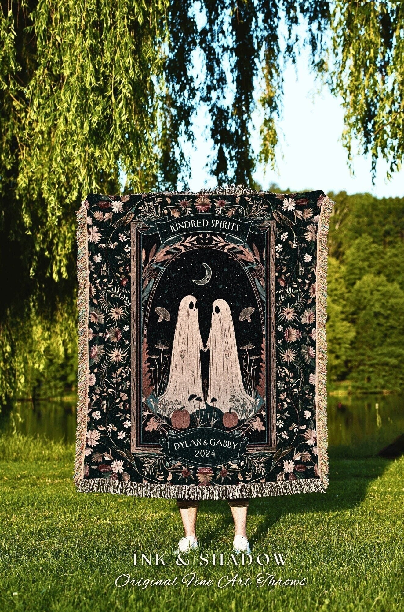 Victorian Gothic Ghost Lovers Custom Tapestry | Kindred Spirit Personalized Gothic Aesthetic Wedding Blanket Woven Ghost Gift for Girlfriend