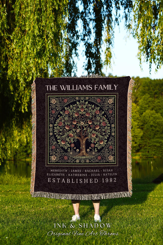 Whimsical Family Tree Blanket Dark Cottagecore Apple Tree of Life Tapestry Throw | Custom Family Heirloom with Names Custom Meaningful Gift