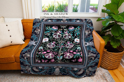 Enchanted Floral Pomegranate Blanket Whimsigothic Botanical Cottagecore Tapestry Throw, Dark Academia Decor Indigo Blue Art Nouveau Accents