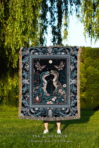 Celestial T-Rex Dinosaur Blanket Enchanted Night Garden Moonlit Tapestry Throw, Vintage Indigo Blue Whimsigoth Whimsical Jurassic Forestcore