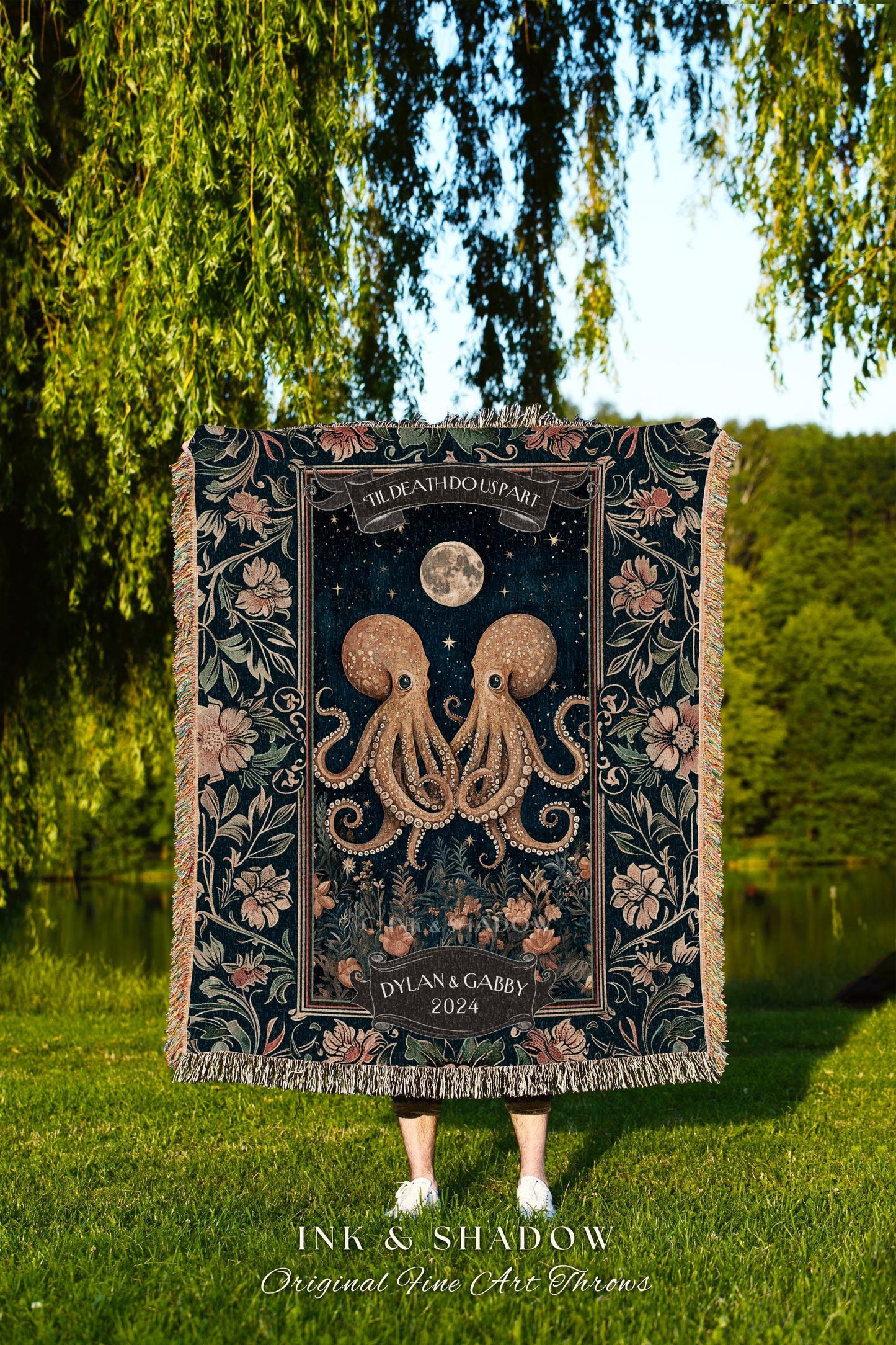 Whimsigothic Woven Blanket for Couple Custom | Octopus Couple Custom Names Tapestry Celestial Personalized Whimsical Anniversary Valentine |