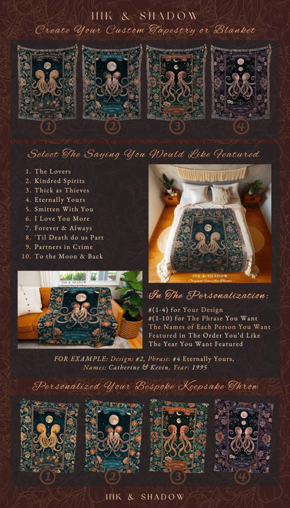 Whimsigothic Woven Blanket for Couple Custom | Octopus Couple Custom Names Tapestry Celestial Personalized Whimsical Anniversary Valentine |