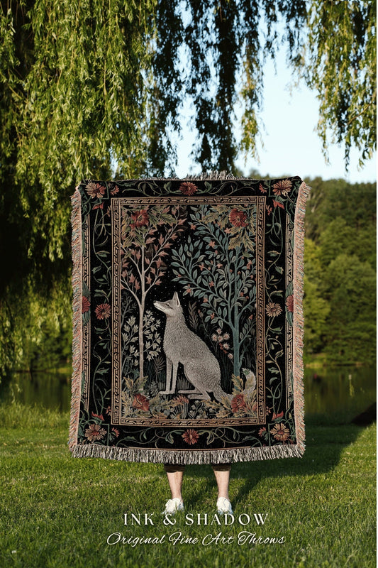 Nordic Wolf Woven Tapestry Throw Danish Style Woodland Wolves Decor, Morris Inspired Cottagecore Aesthetic Fairycore Scandinavian Blanket