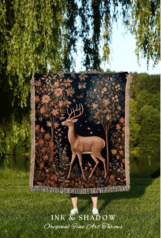 Whimsical Forest Spirit Tapestry | Mystic Aesthetic Folk Art Blanket Woven William Morris Decor Dark Cottagecore Deer Gift Cozy Throw Boho