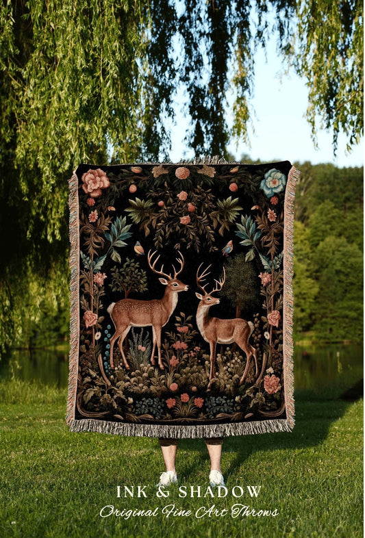 Dark Cottagecore Deer Tapestry | Folklore Aesthetic Blanket Woven William Morris Throw Dark Cottagecore Gothic Fairycore Deer Bedding Dark