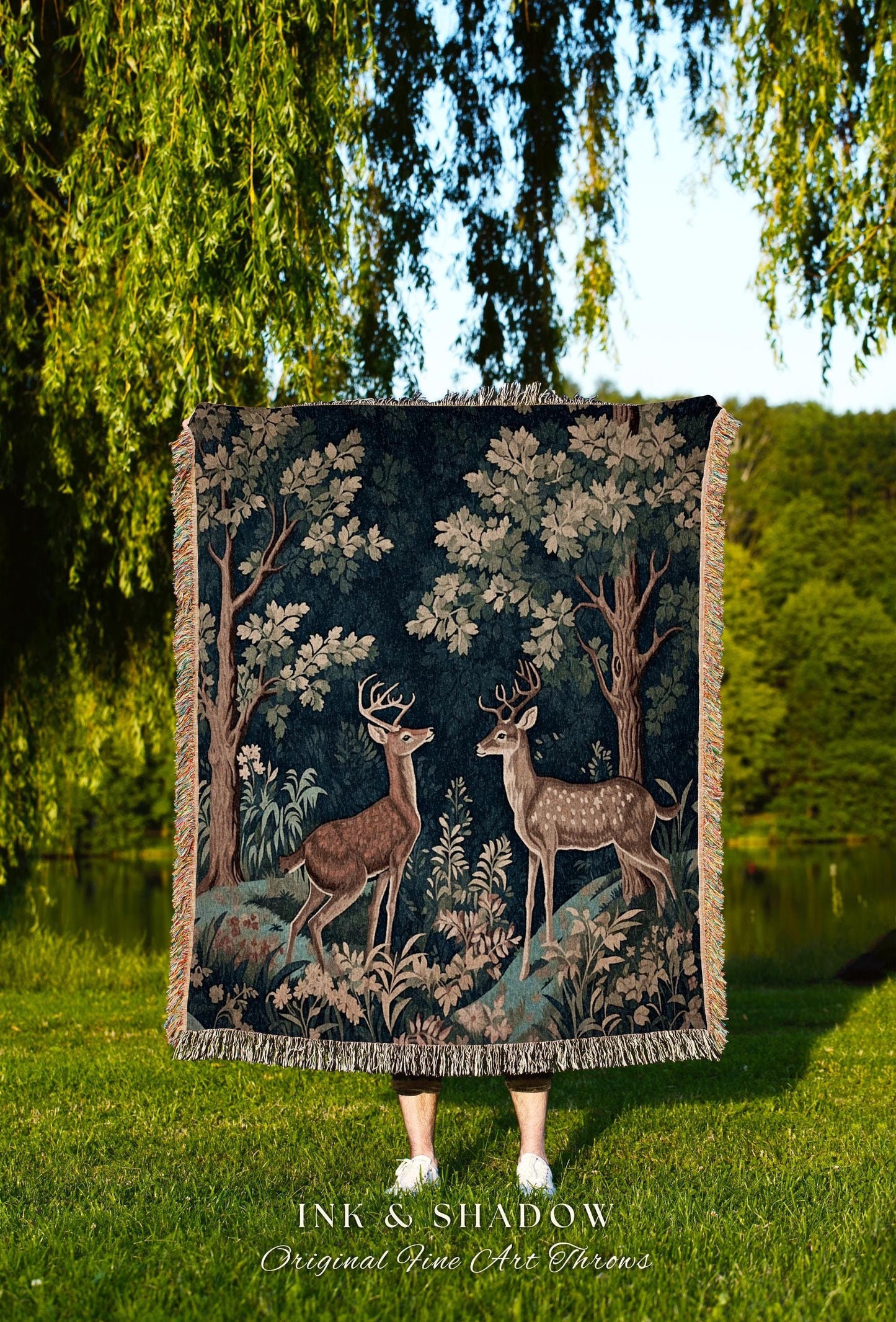 Woven Deer Folk Art Tapestry Blanket Woodland Cottagecore Throw William Morris Decor Gothic Forestcore Aesthetic Bedding Nature Art Academia