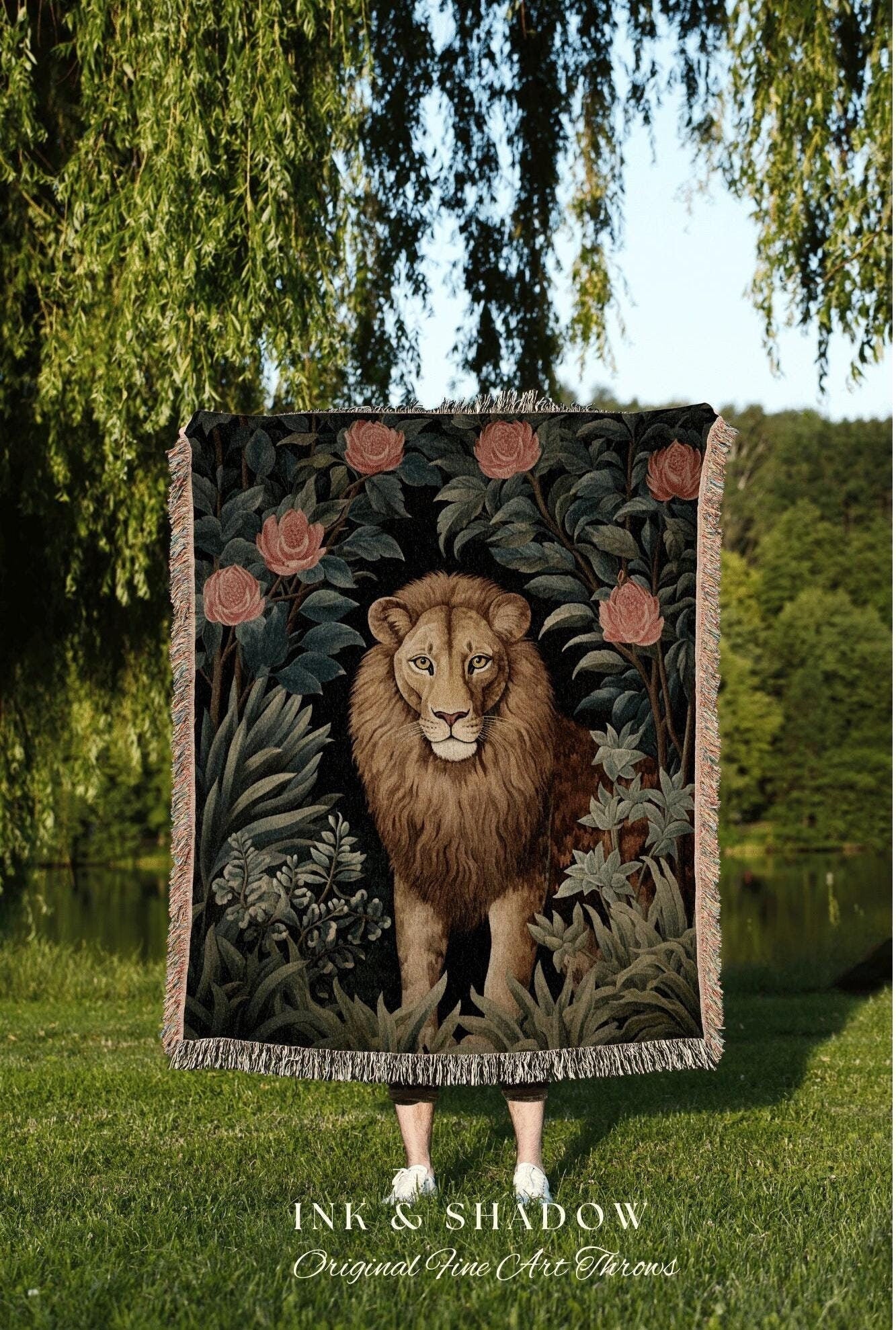 Vintage Gothic Lion Tapestry | Botanical Folk Art Blanket Woven Tapestry William Morris Throw Woodland Gothic Medieval Aesthetic Cottagecore