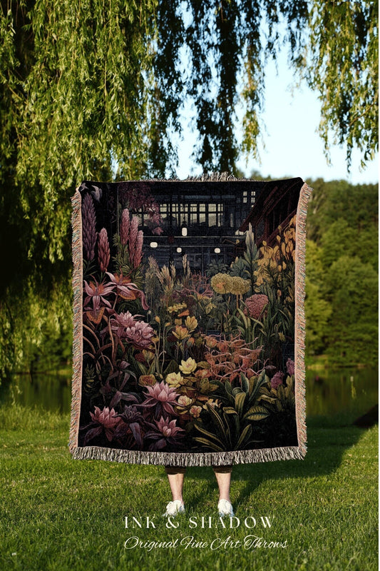 Gothic Botanical Tapestry Woven | Whimsigoth Wall Art Woven Blanket Victorian Gothic Aesthetic Tapestry Woven Botanical Fairycore Aesthetic