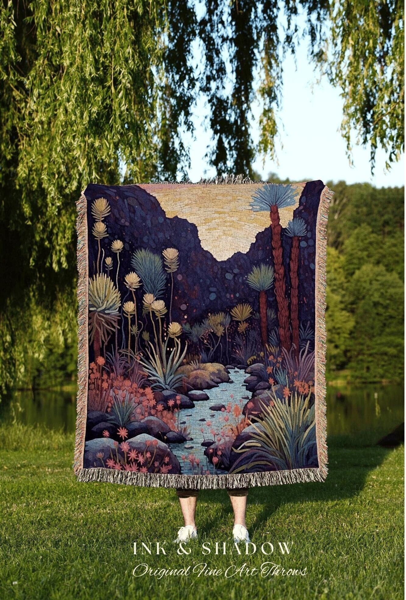 Desert Throw Blanket Nature Tapestry Dark Cottagecore Mystic Landscape | Whimsigoth Nature Blanket Moody Woven Tapestry Desert Themed Decor