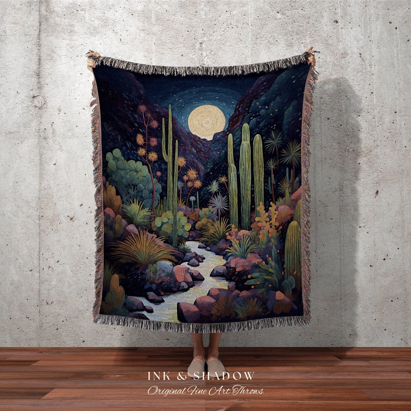 Moonlit Landscape Desert Throw Blanket Woven Tapestry Night Sky Cactus Blanket Desert Night Mystical Blanket Southwestern Boho Blanket