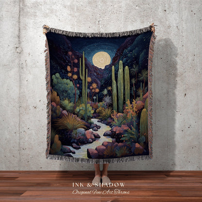 Moonlit Landscape Desert Throw Blanket Woven Tapestry Night Sky Cactus Blanket Desert Night Mystical Blanket Southwestern Boho Blanket