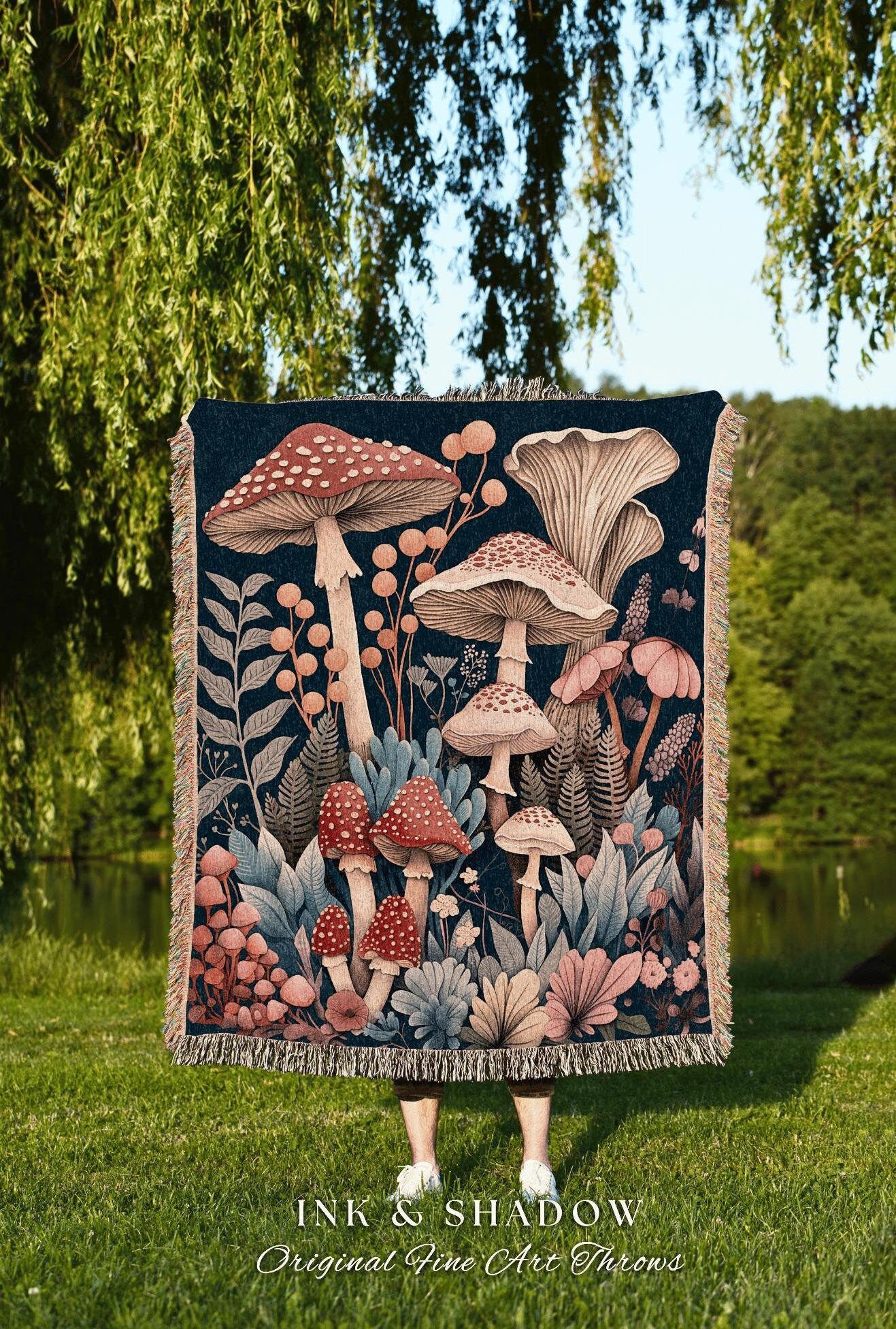 Magical Mushroom Aesthetic Tapestry | Eclectic Blanket Gift for Mushroom Lover Whimsical Retro Style Reading Nook Aesthetic Witchy Aesthetic