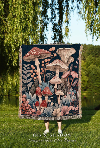 Magical Mushroom Aesthetic Tapestry | Eclectic Blanket Gift for Mushroom Lover Whimsical Retro Style Reading Nook Aesthetic Witchy Aesthetic