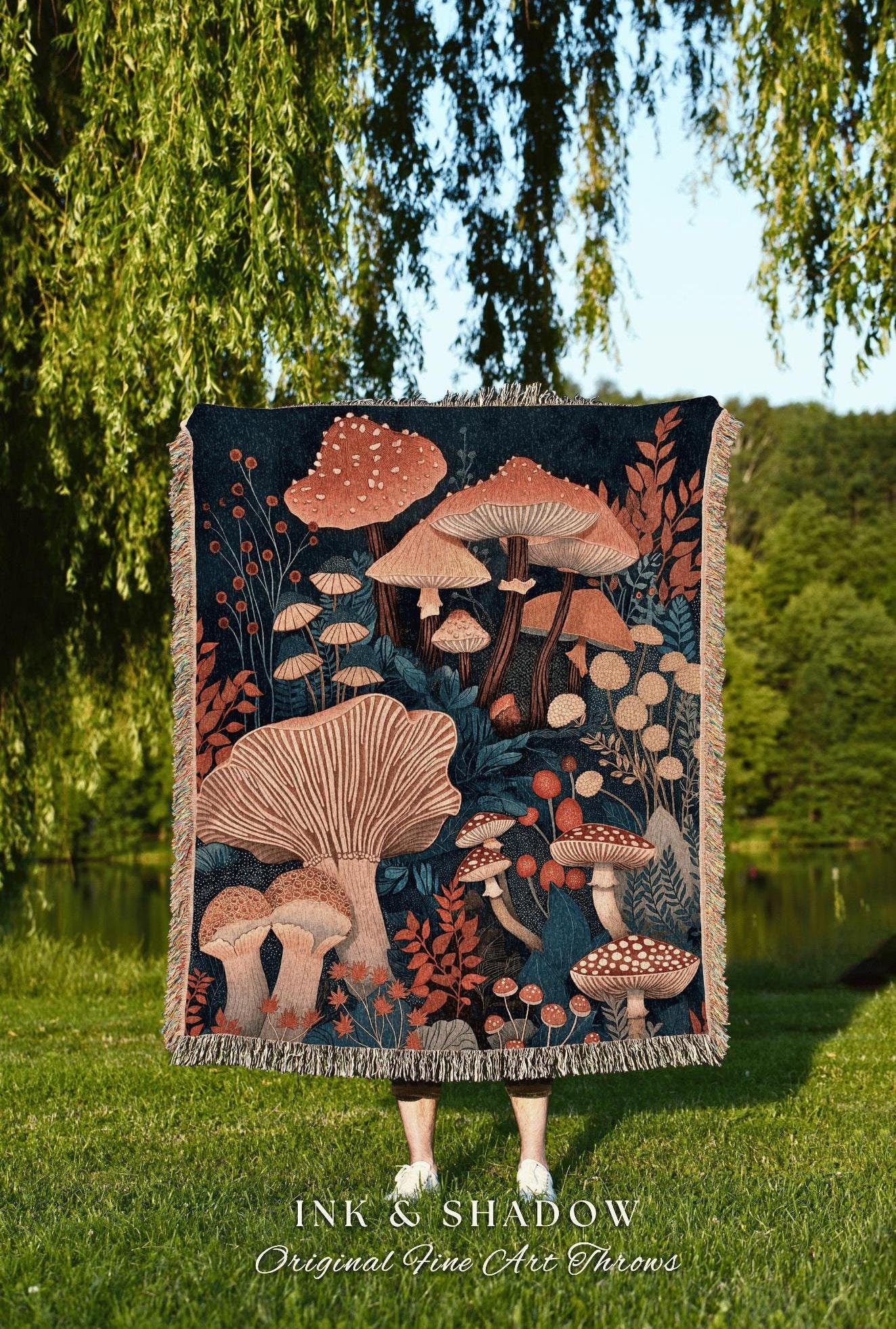 Goblincore Mushroom Blanket | Woven Throw Gift for Mushroom Lover Whimsical Witchy Decor Boho Reading Nook Magical Cottagecore Toadstool Art