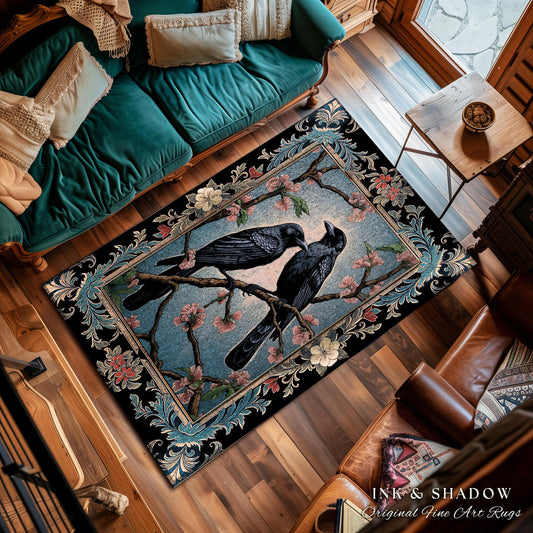 Dark Cottagecore Bird Home Decor Whimsical Woodland Gothic Raven Rug | Dark Academia Whimsigothic Crowcore Dusty Blue Enchanted Forestcore