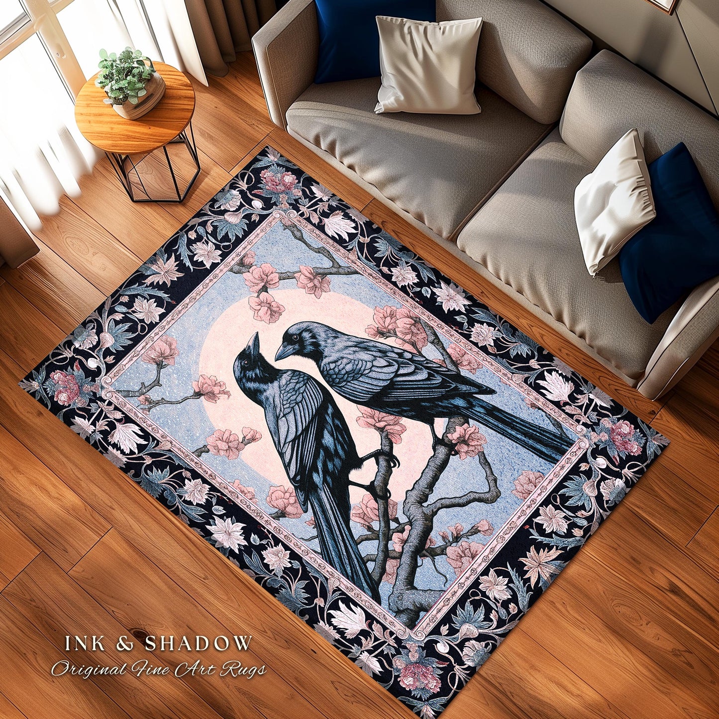 Moonlit Raven Rug Light Gothic Woodland Ethereal Forest Floral Cottagecore | Enchanted Nature Full Moon Whimsigothic Fairy Grunge Crowcore