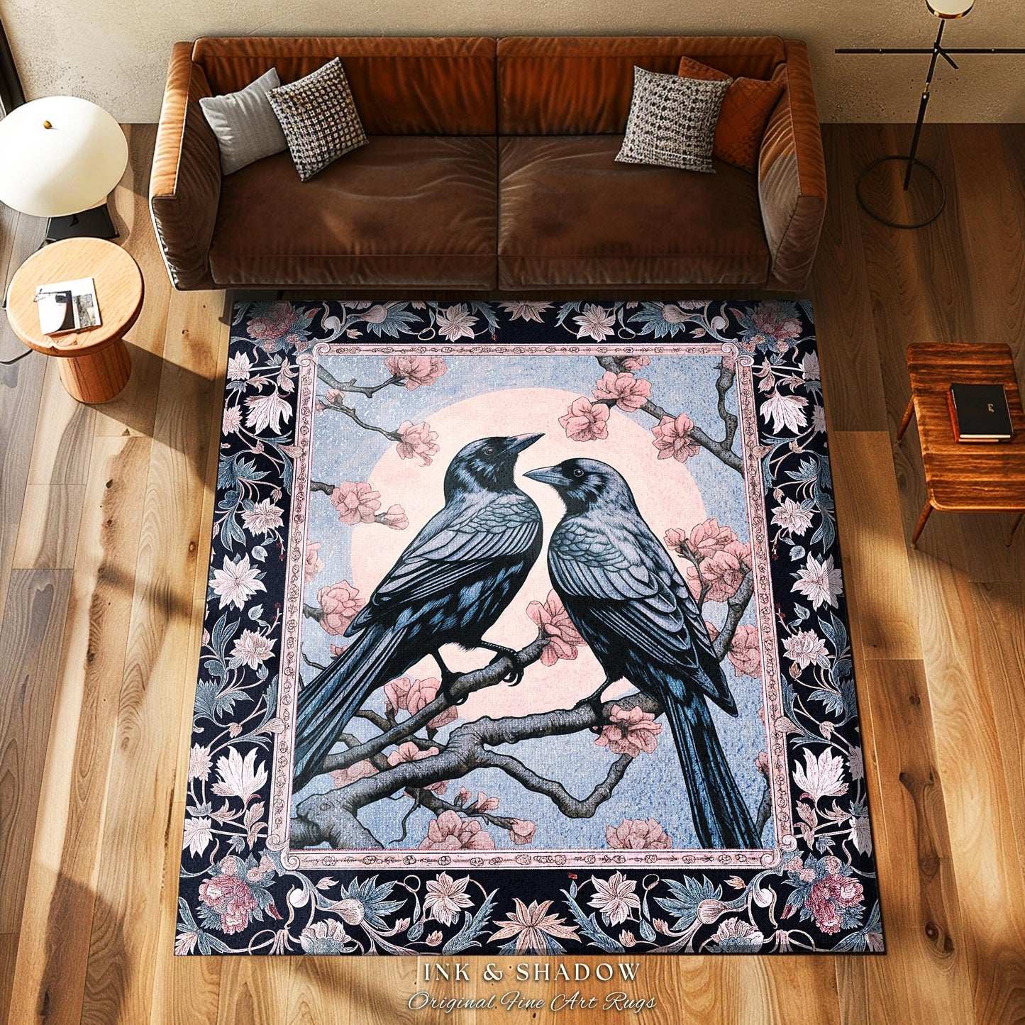 Moonlit Raven Rug Light Gothic Woodland Ethereal Forest Floral Cottagecore | Enchanted Nature Full Moon Whimsigothic Fairy Grunge Crowcore