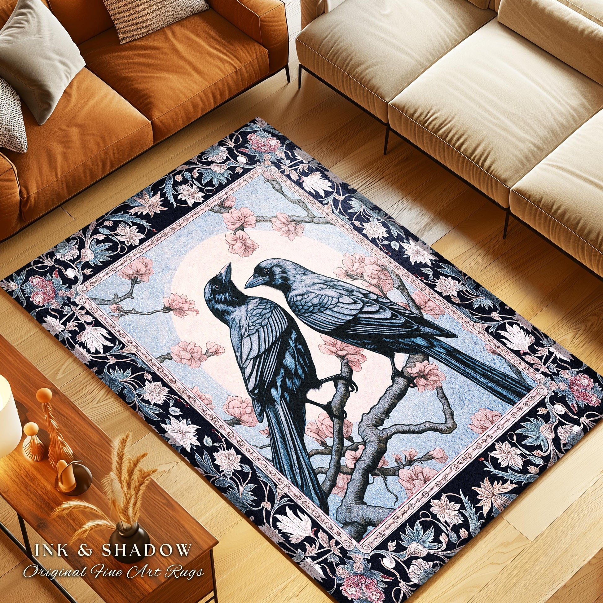 Moonlit Raven Rug Light Gothic Woodland Ethereal Forest Floral Cottagecore | Enchanted Nature Full Moon Whimsigothic Fairy Grunge Crowcore