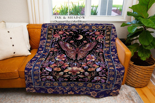 Witchy Botanical Moth Blanket Whimsigothic Purple Floral Fairycore Aesthetic | Gothic Cottagecore Butterfly Celestial Whimsy Tapestry Throw