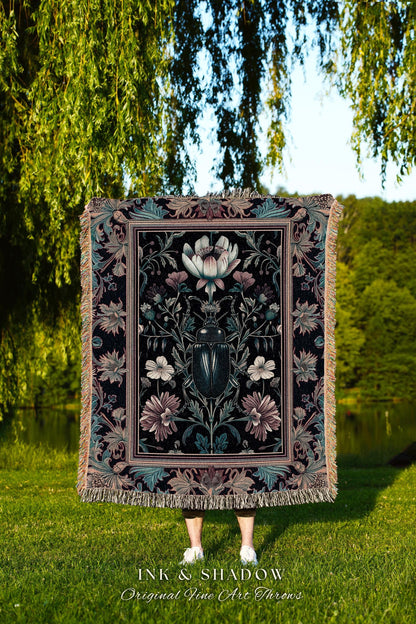 Witchy Whimsigothic Scarab Beetle Blanket Enchanted Dark Academia Decor, Mystical Floral Art Victorian Gothic Cottagecore Bug Tapestry Throw