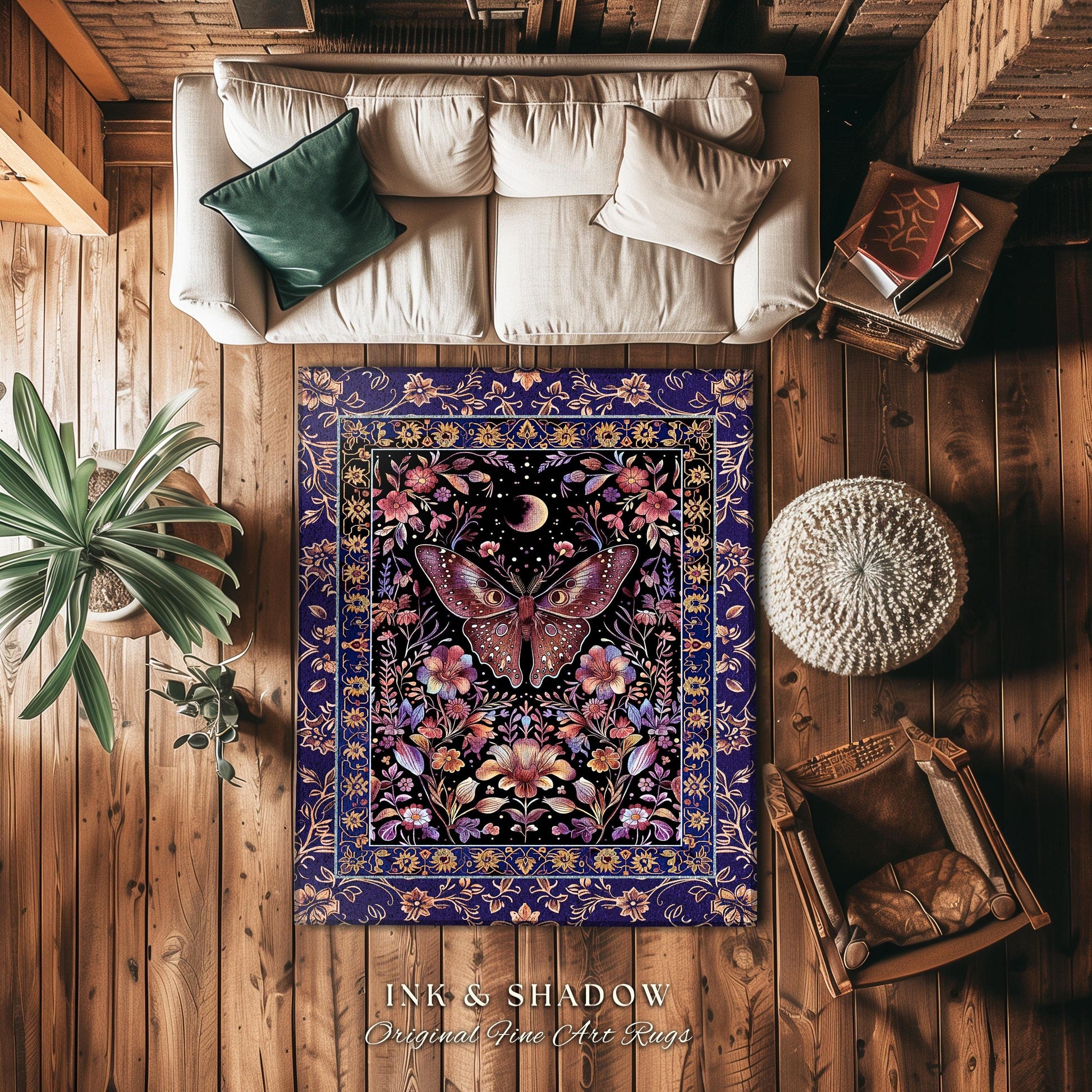 Witchy Botanical Moth Rug Whimsigothic Purple Floral Fairycore Aesthetic | Gothic Cottagecore Butterfly Celestial Moonlit Woodland Whimsy