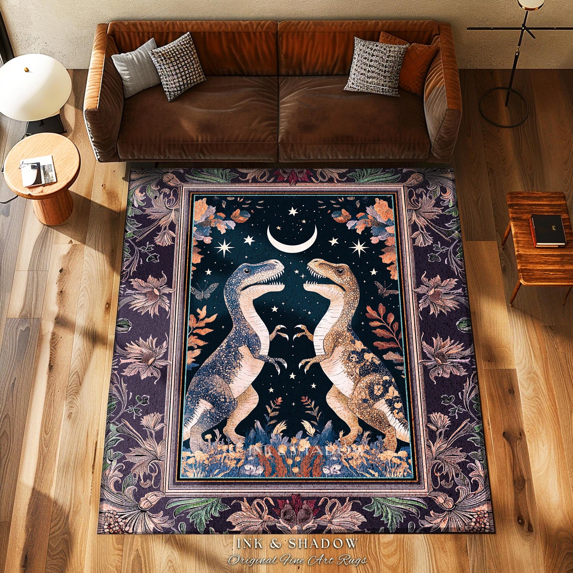 Whimsigoth Dinosaur Rug Celestial T-Rex Starry Night Decor, Mystic Jurassic Forest Fairycore Enchanted Woodland Witchy Magic Cottagecore Art